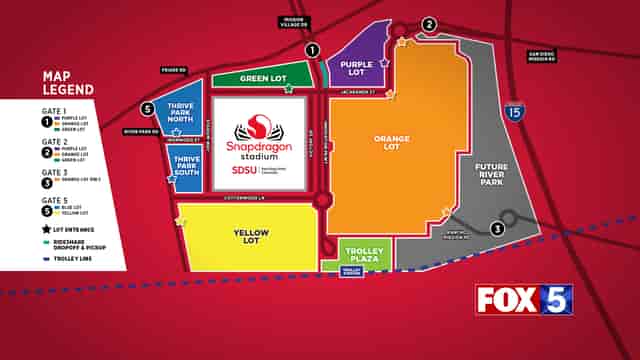 Map of Snapdragon Stadium highlighting parking for events and logistics planning.