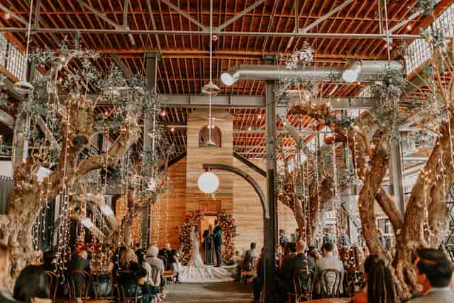 Fully furnished wedding venue with rustic decor and elegant altar at Venue 808.