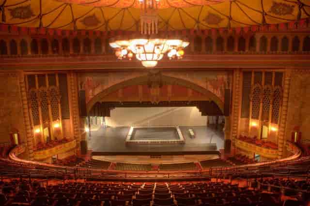 Shrine Expo Hall theater with ornate architecture, ideal for concerts and conferences.