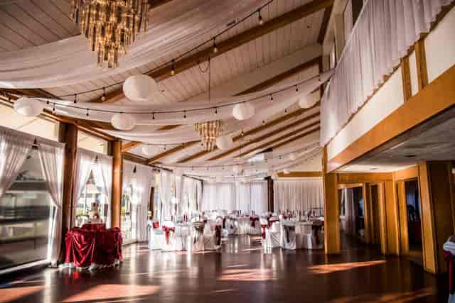 Marina Village Conference Center with elegant drapery, ideal for weddings and upscale events.
