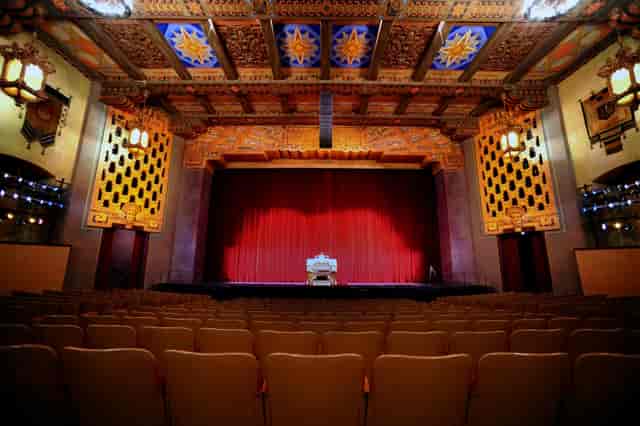 Playhouse Plaza at San Gabriel Mission Playhouse, ornate ceiling, event venue.