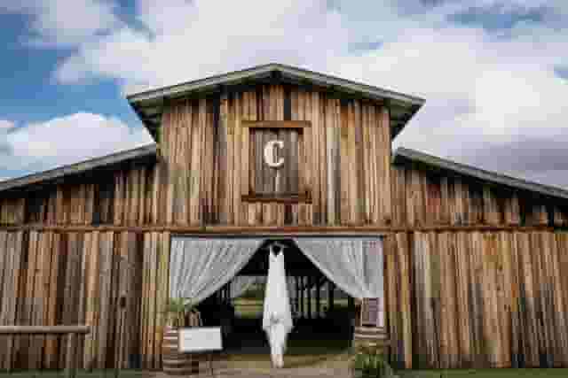 Hitching Post Barn Wedding Backdrop
