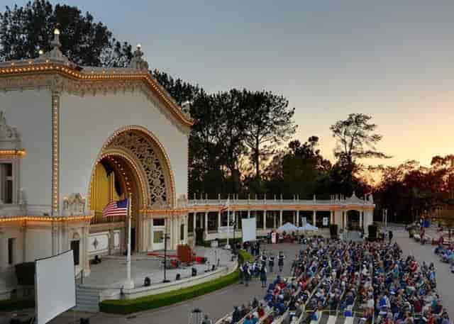 Spreckels Organ Pavilion at sunset, ideal for outdoor performances and gatherings.