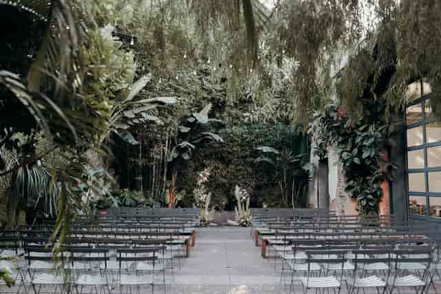 Outdoor event space at The Fondrevay, Millwick, with lush greenery for intimate gatherings.