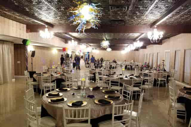 Elegant Cantina Courtyard with black and gold decor, perfect for formal events and receptions.