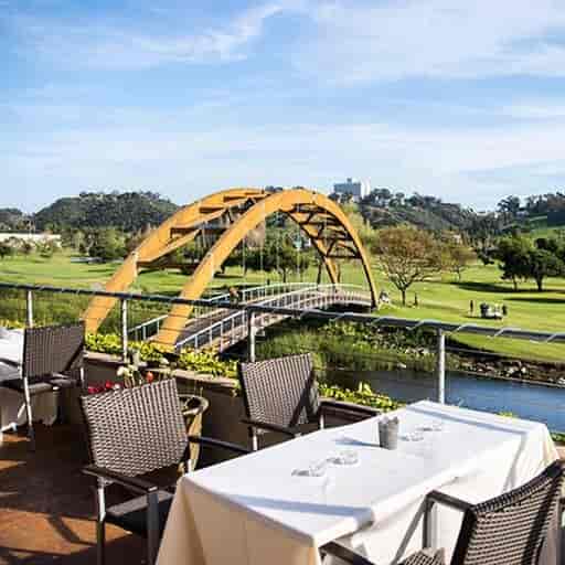 Banquet Hall at Riverwalk Golf Club with bridge, ideal for corporate events and celebrations.