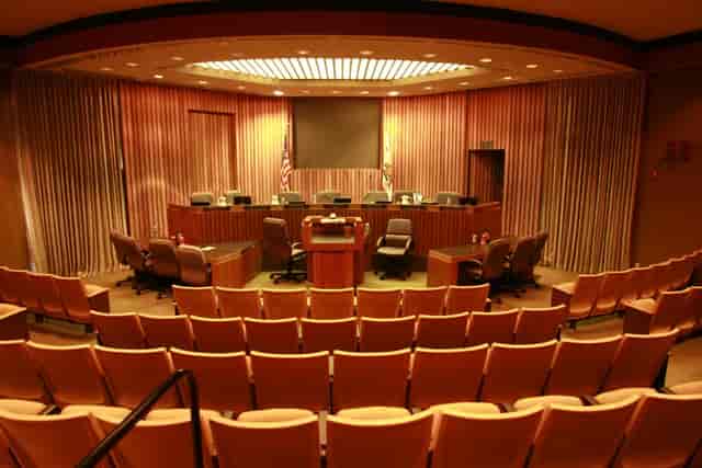 City Council Chambers in Stanton with tiered seating for formal meetings and conferences.