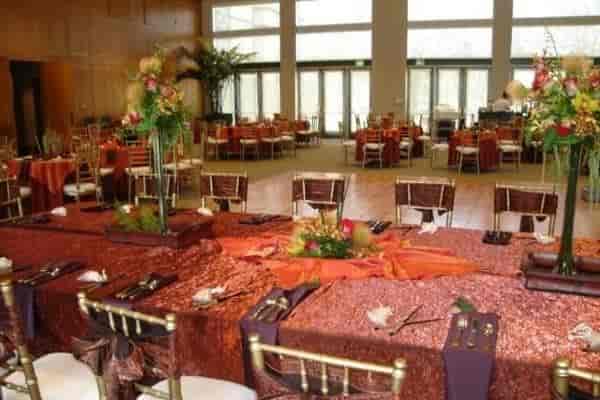 Sierra Room at Cerritos Center, elegant banquet space with floral centerpieces for weddings.