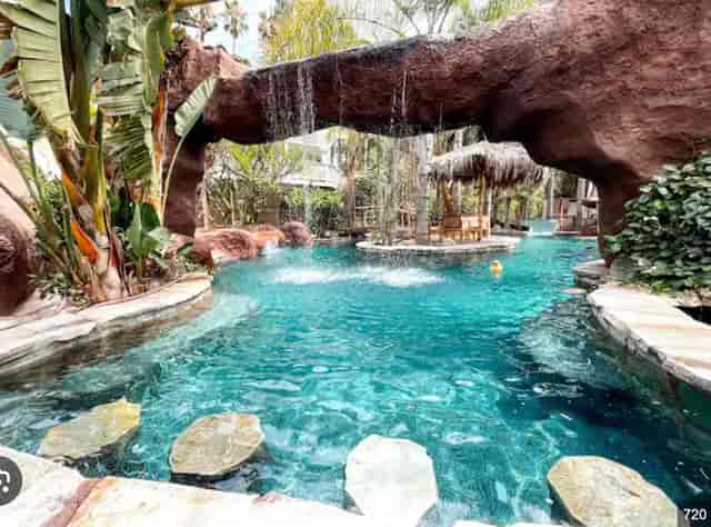 Lagoon Gazebo with waterfalls, perfect for networking events and team-building activities.
