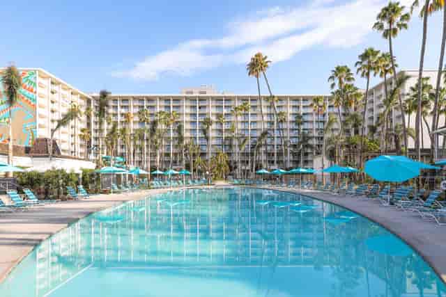 ARLO hotel pool area with palm trees, perfect for outdoor events and networking.