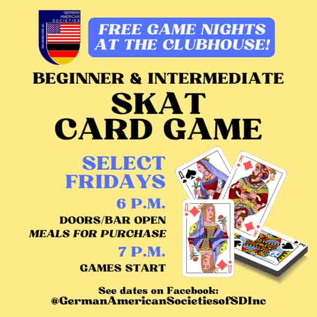 Promotional flyer for card game event at German American Societies, San Diego.