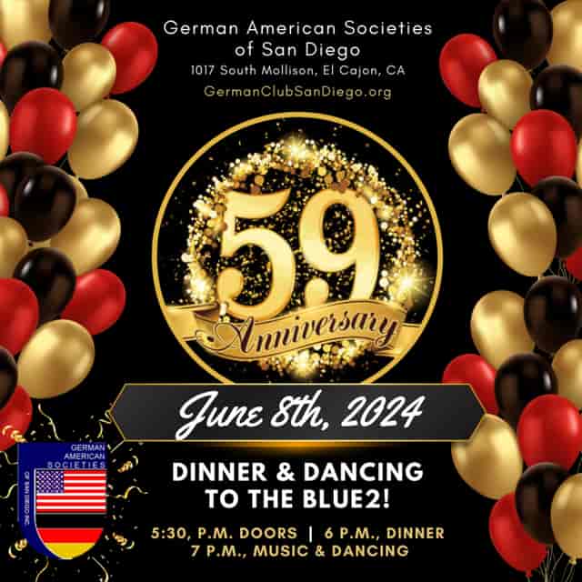 Clubhouse anniversary celebration graphic with gold balloons, dinner and dancing event.