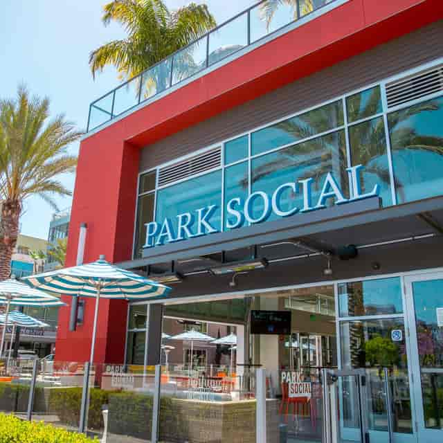 Outdoor patio entrance with modern architecture, ideal for events and networking.