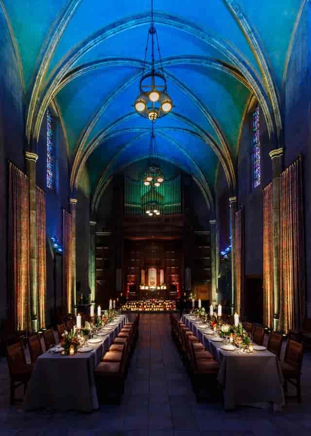 Shatto Chapel, elegant event space with stained glass, ideal for ceremonies and receptions.