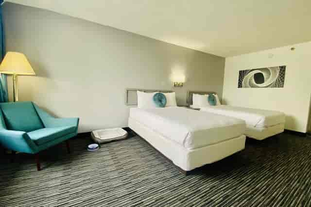 Well-lit Glendale hotel room with twin beds, perfect for events and networking.