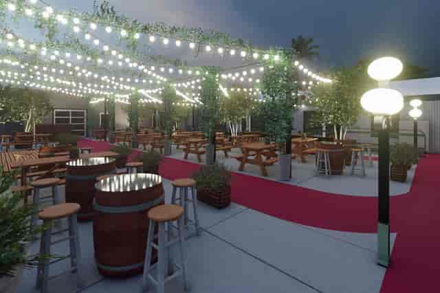 Outdoor patio with string lights at The Wine Pub, perfect for events and gatherings.