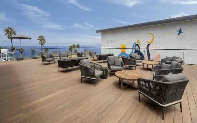 Contemporary outdoor event space with ocean view at The Pines, La Jolla Cove.