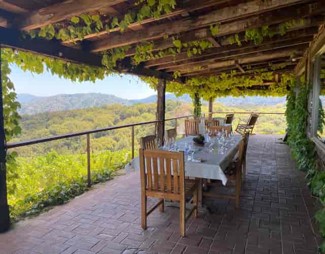 Outdoor patio with wooden furniture, ideal for corporate retreats and intimate gatherings.