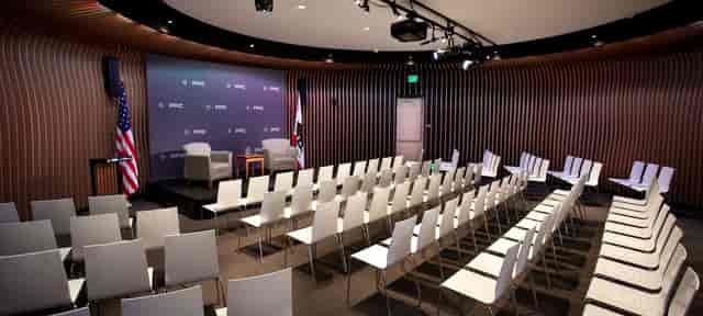 Interpreter Room in Bechtel Conference Center with modern seating for presentations and discussions.
