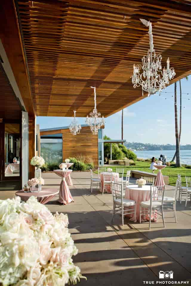 Samuel H. Scripps Auditorium with pink linens, ideal for weddings and corporate events.