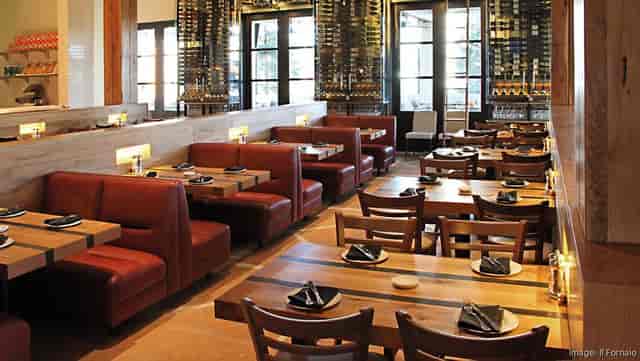 Modern restaurant interior with leather booths, ideal for networking events and casual dining.