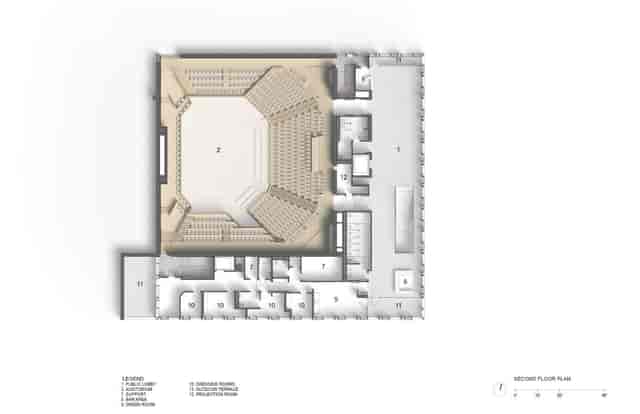 Second Floor Lobby at SFJAZZ Center with octagonal seating for conferences and presentations.