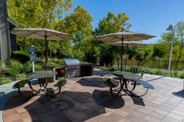 Inviting outdoor patio at Tessoras Campbell Restaurant, ideal for casual meetings and events.