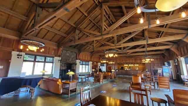 Historic Scripps Dining Room with high wooden ceilings, ideal for retreats and workshops.