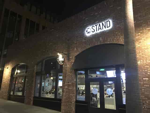 Stylish bar area with modern brick facade, perfect for events in Calabasas.