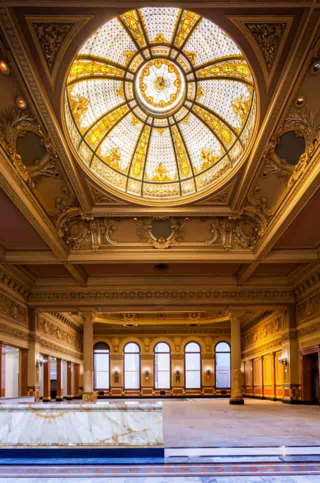 Main Hall in The Hibernia with stained glass dome, perfect for weddings and galas.
