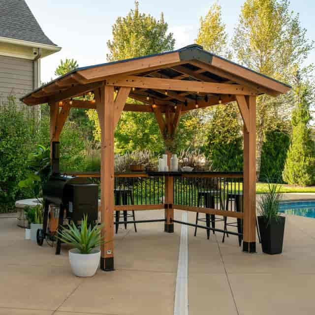 Stylish outdoor gazebo at The Hook Bar and Grill for summer parties and corporate retreats.