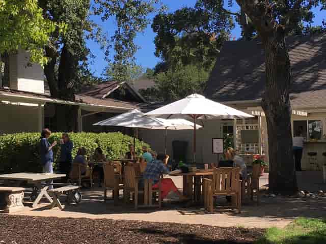 Outdoor meeting space at Woodside Village Church, ideal for casual gatherings and workshops.