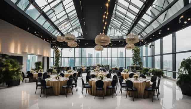Elegant rental space in HOST SINGAPORE with floral centerpieces for corporate events.