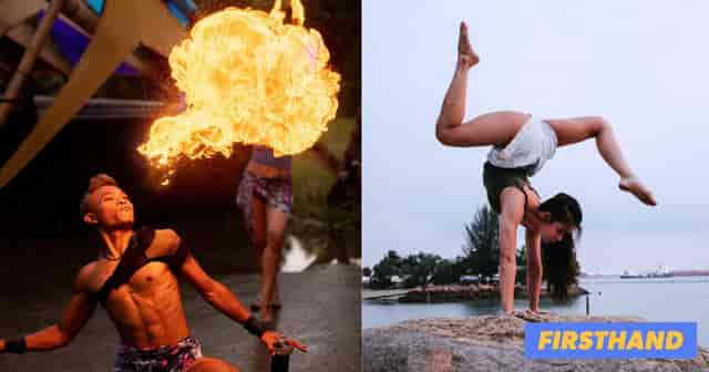 Fire breather and handstand artist performing at an engaging event for unique entertainment.