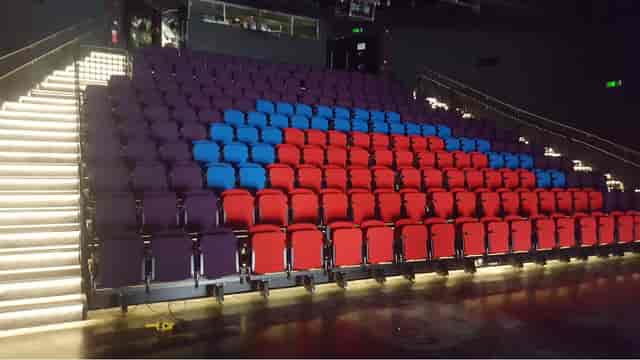 Vibrant tiered seating in Z-arts rehearsal space for engaging events and presentations.