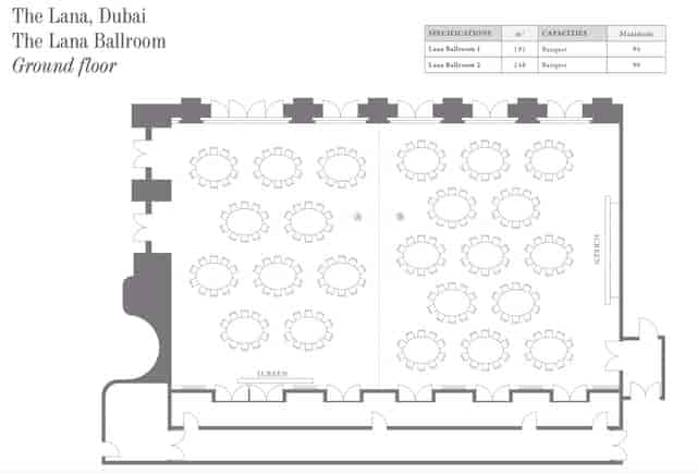 Lana Ballroom floor plan with spacious layout for events, ideal for conferences and banquets.