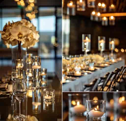 Elegant event space with white orchid centerpiece for upscale corporate events or galas.