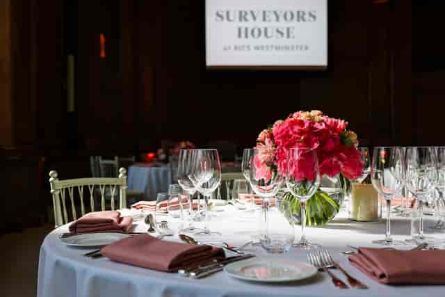 Elegant banquet event, round table, floral centerpiece