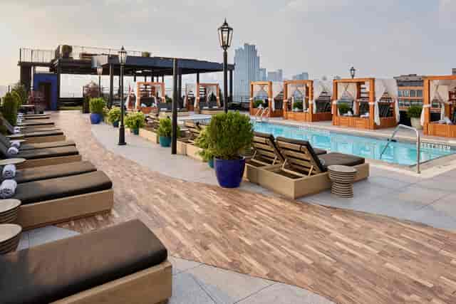 Stylish rooftop patio with pool in Arlo Williamsburg for events and parties.