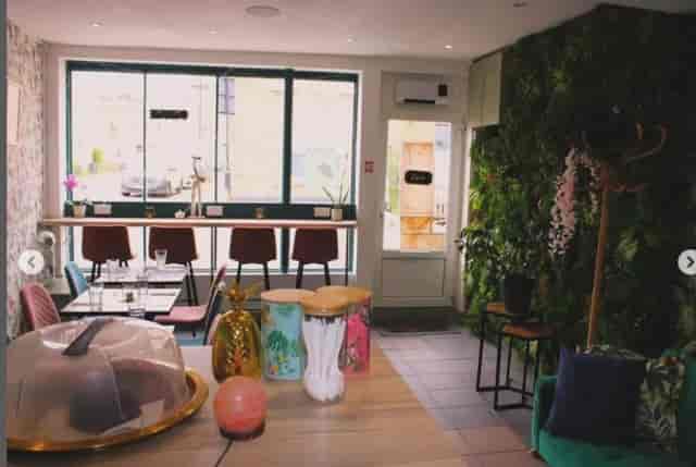 Stylish event space at Audrey's Jamaican Restaurant with greenery and modern decor.