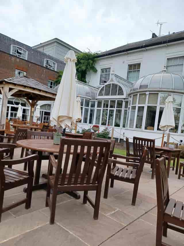 Terrace Bar outdoor seating at West Lodge Park Hotel, ideal for summer networking events.