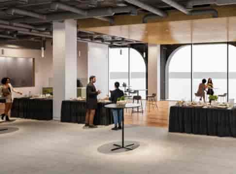 Modern event space at Minster Gallery with buffet stations for networking and receptions.