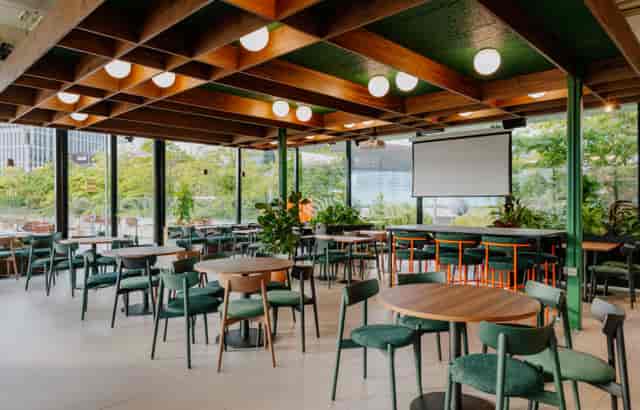 Riverside East bar terrace, natural light, hybrid meeting, event venue