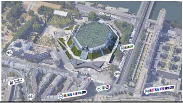 Accor Arena bird's-eye view, hexagonal design, ideal for meetings and events.