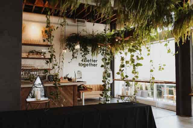 Kombuchery event space with lush greenery, ideal for networking and gatherings.
