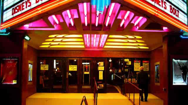 Vibrant Balboa theater entrance with neon lights, perfect for glamorous events.