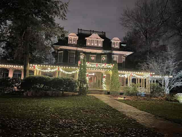 Main Building at Oakeside Mansion, festive lights, ideal for holiday events and soirées.