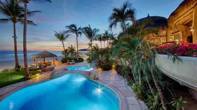 Private Parties at Casa Villa: upscale outdoor venue with serene pool and tropical landscaping.