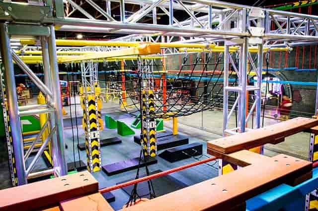 Indoor adventure course at Lost Worlds Funtropolous for team-building events.