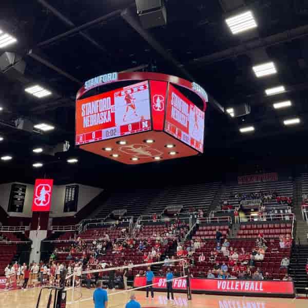 Maples Pavilion scoreboard at Stanford, ideal for sports and corporate events.